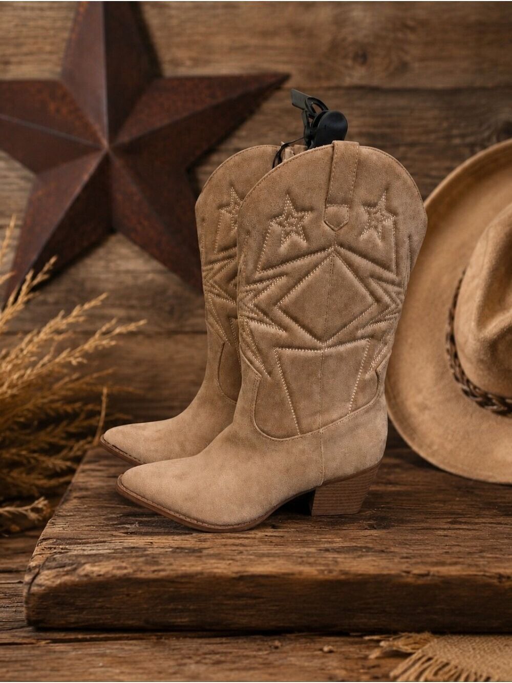 Decorative Women Tan Suede Cowboy Boots Size 8 - Picture 1 of 8